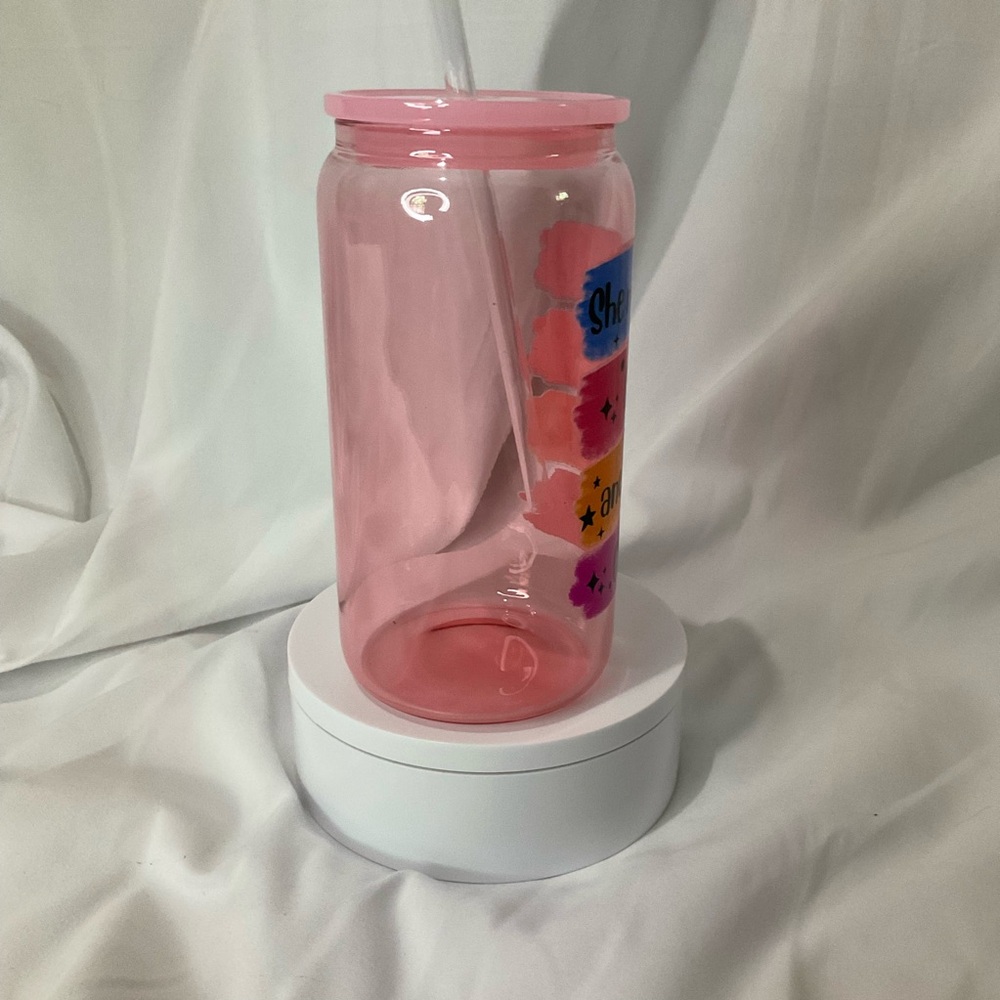 16 Ounce Handmade Light Pink Glass Can Cup w/Lid & Straw - Picture 5 of 5